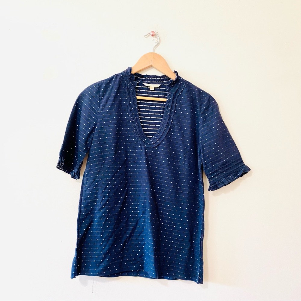 Joe’s Jeans Ruffle Sleeve Shirt V-Neck Navy Blue White Polka Dot Small